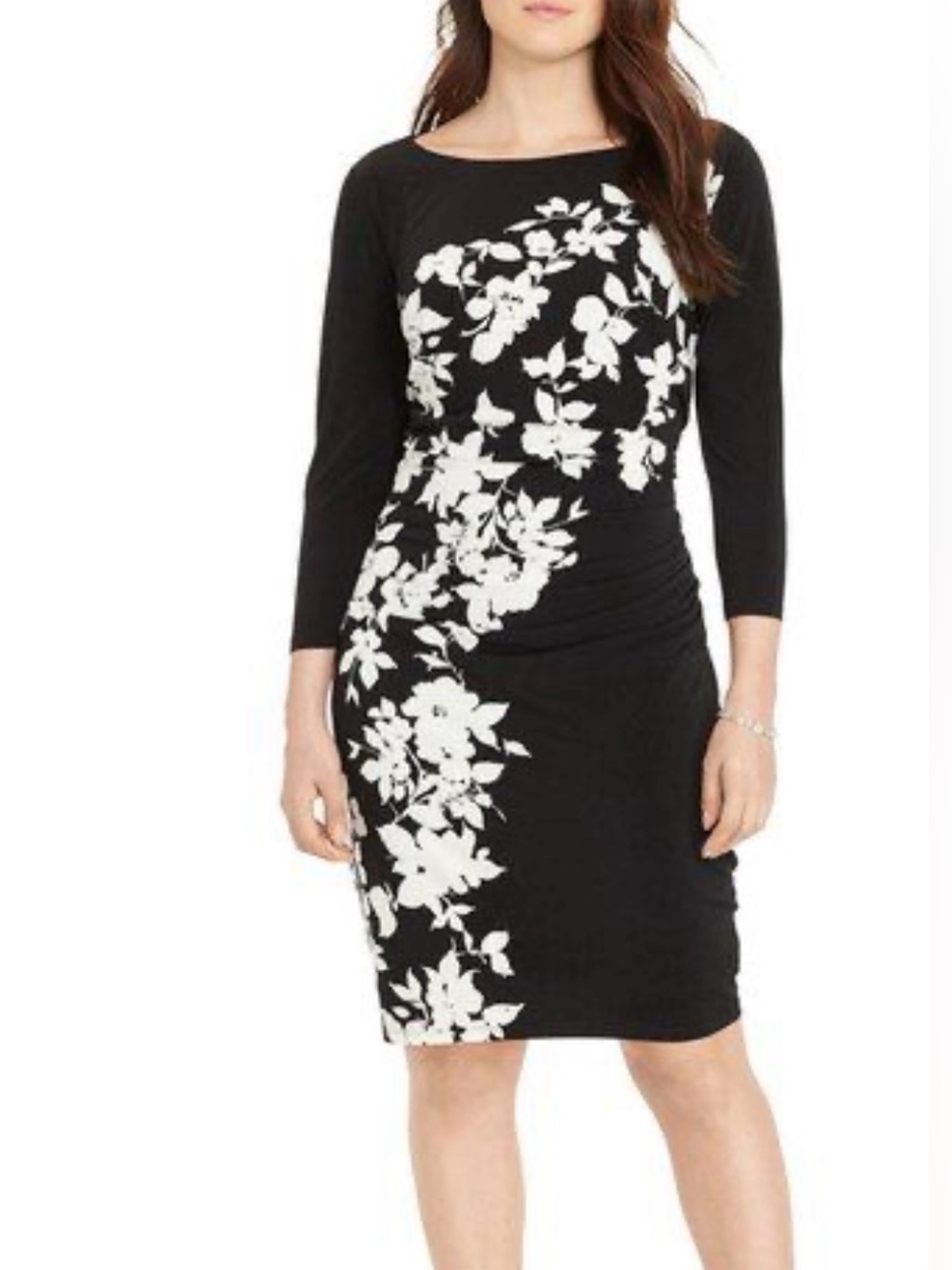 Lauren Ralph Lauren draped sheath dress featuring a black and white floral print